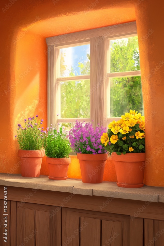 Cozy kitchen with warm orange walls and potted herbs bathed in evening sunlight