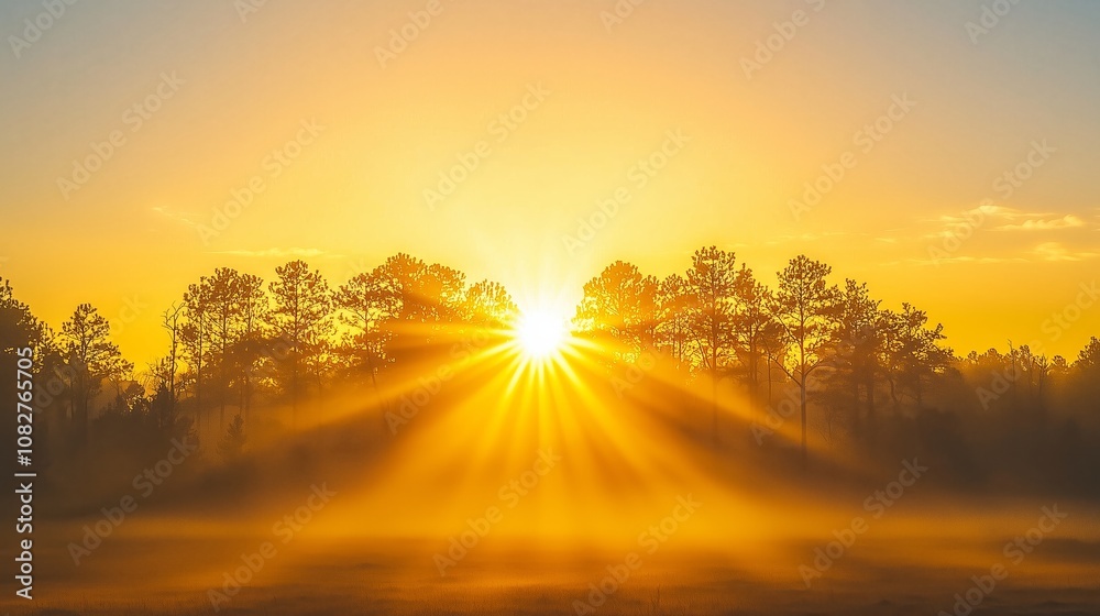 Sunrise Over Forest With Golden Sun Rays Sunrise Over Forest With Golden Sun Rays