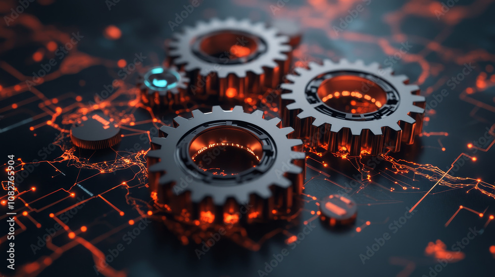 Interconnected gears with glowing elements on dark background create dynamic and futuristic atmosphere. This 3D rendering showcases intricate details and technology Interconnected gears with glowing elements on dark background create dynamic and futuristic atmosphere. This 3D rendering showcases intricate details and technology
