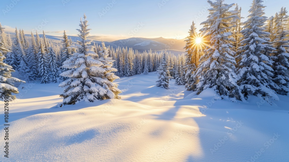 Winter Landscape With Snow-Covered Pine Trees at Sunrise Winter Landscape With Snow-Covered Pine Trees at Sunrise