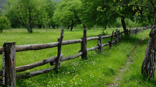 Rustic wooden fence bordering a lush, green field