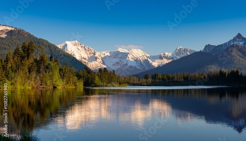 Serene Lake Nestled Between Snow-Capped Peaks and Lush Forests, Reflecting the Sunshine and Surrounding Scenery on Its Glassy Surface During Early Morning