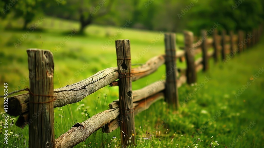 Rustic wooden fence bordering a lush, green field Rustic wooden fence bordering a lush, green field