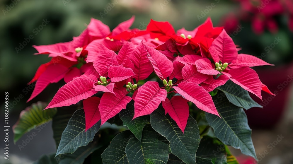 Close-up of Bright Pink Poinsettia Bracts with Green Leaves Close-up of Bright Pink Poinsettia Bracts with Green Leaves