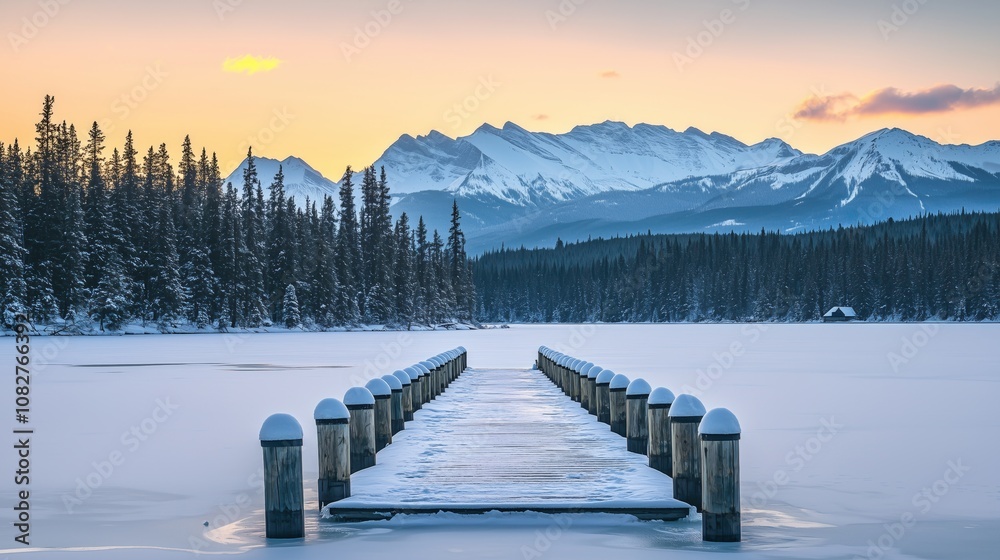 Naklejka premium Winter Landscape with Snowy Mountains and Lake Dock
