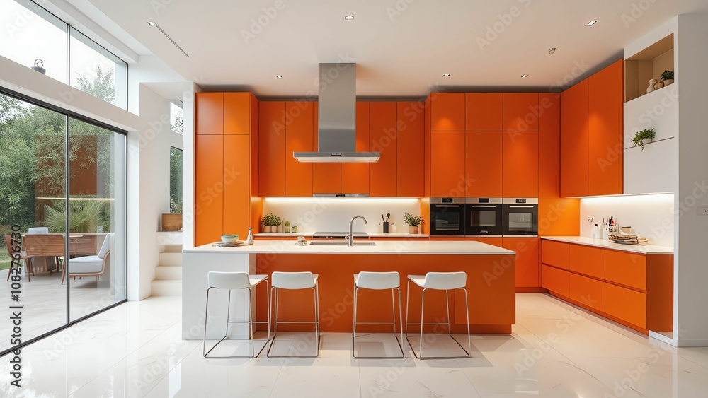 Fototapeta premium Vibrant Orange Modern Kitchen with Sleek Cabinetry and Ample Natural Light