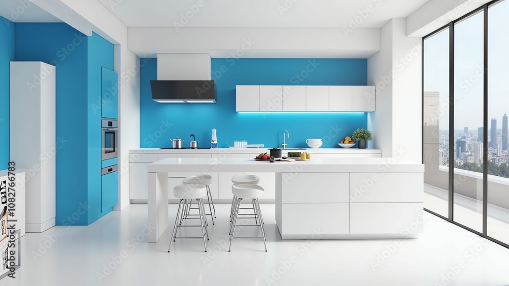 Sleek and Minimalist Light Blue and White Kitchen with Mountain Views Sleek and Minimalist Light Blue and White Kitchen with Mountain Views