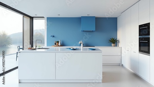 Wallpaper Mural Sleek and Minimalist Light Blue and White Kitchen with Mountain Views Torontodigital.ca