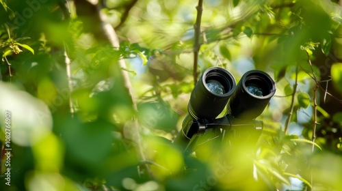 An immersive birdwatching adventure in a secluded bird sanctuary, Binoculars set up for observing various bird species, Naturalist exploration style