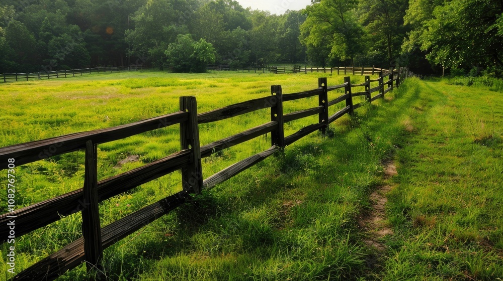 Rustic wooden fence bordering a lush, green field Rustic wooden fence bordering a lush, green field
