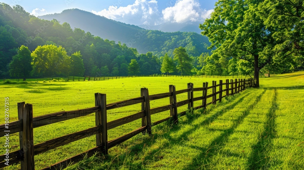 Rustic wooden fence bordering a lush, green field Rustic wooden fence bordering a lush, green field