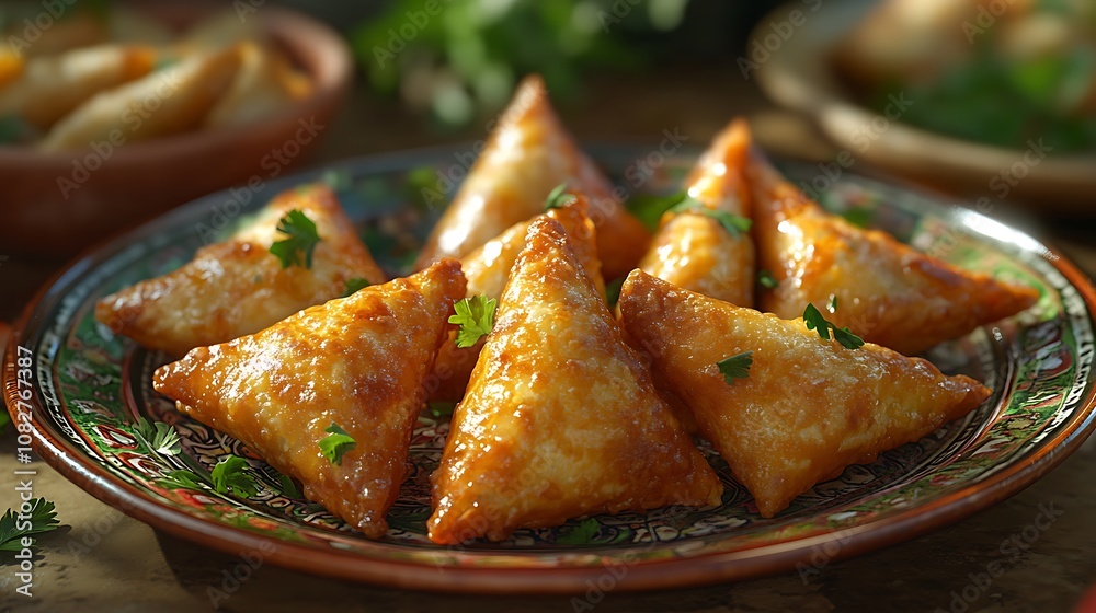 Flavorful spicy sauce with crispy samosas and fresh herb garnish picture Flavorful spicy sauce with crispy samosas and fresh herb garnish picture