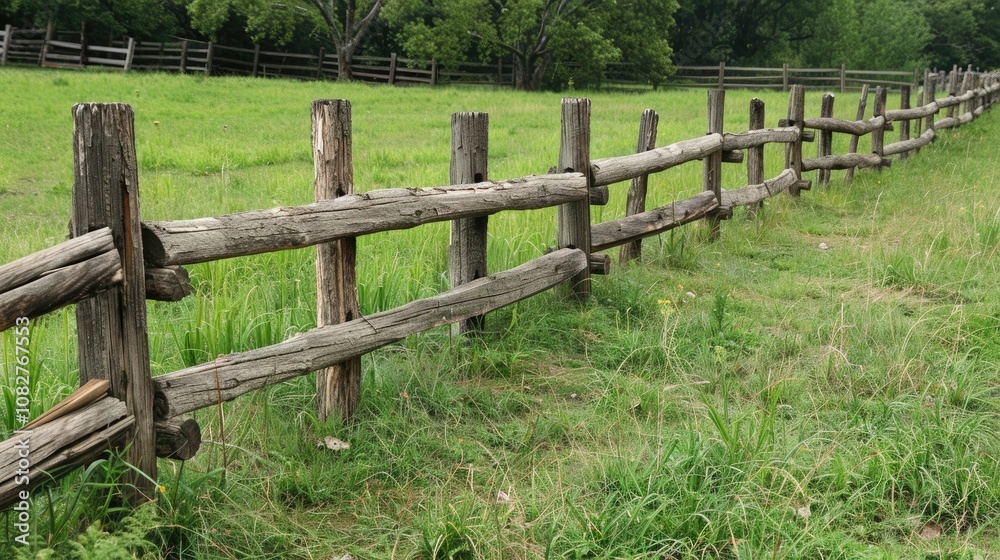 Rustic wooden fence bordering a lush, green field Rustic wooden fence bordering a lush, green field