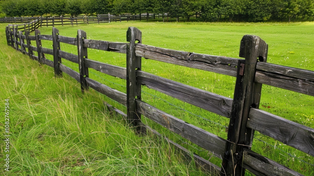 Rustic wooden fence bordering a lush, green field Rustic wooden fence bordering a lush, green field