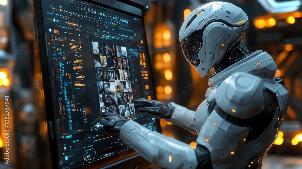 An android edits visuals on a large holographic display in a futuristic workspace at night An android edits visuals on a large holographic display in a futuristic workspace at night