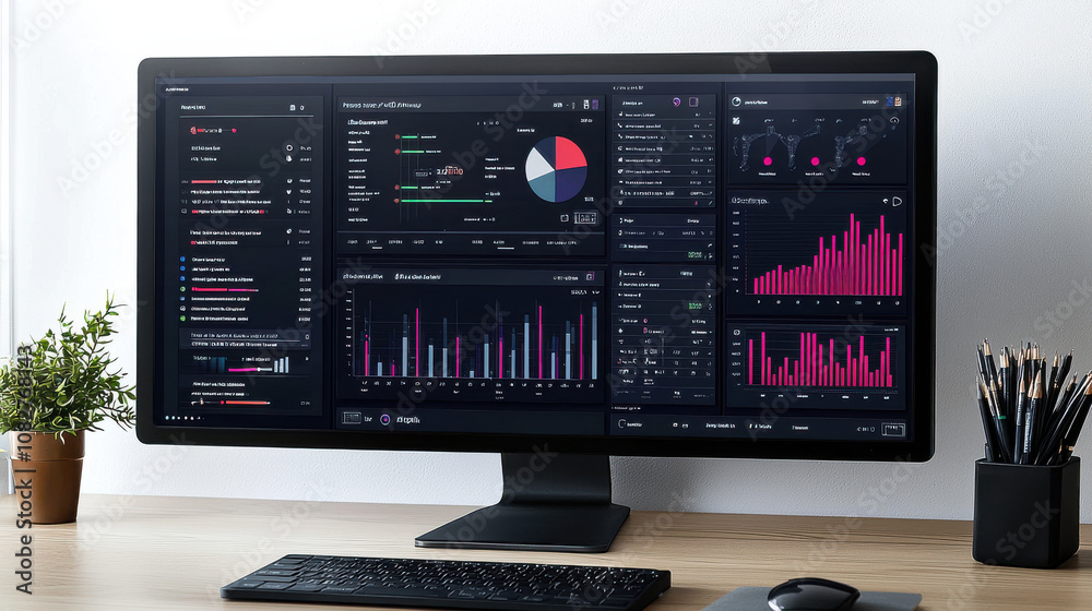 sleek computer monitor displays interactive system monitoring dashboard with various charts and graphs, showcasing data analytics in modern office setting sleek computer monitor displays interactive system monitoring dashboard with various charts and graphs, showcasing data analytics in modern office setting