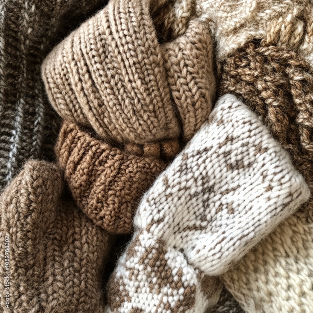 Cozy knitted wool mittens and scarf creating earthy winter colors Cozy knitted wool mittens and scarf creating earthy winter colors