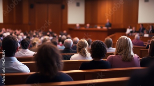 An audience listens intently to a speaker at a conference or a courtroom.