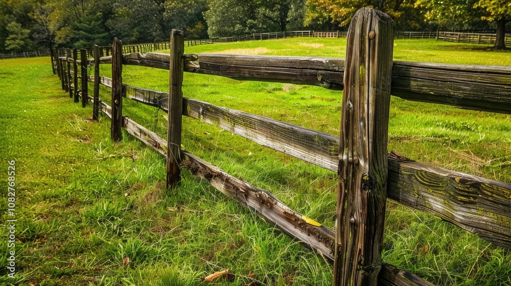 Rustic wooden fence bordering a lush, green field Rustic wooden fence bordering a lush, green field