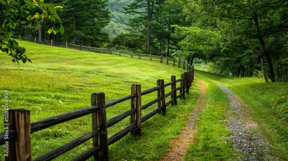 Rustic wooden fence bordering a lush, green field Rustic wooden fence bordering a lush, green field