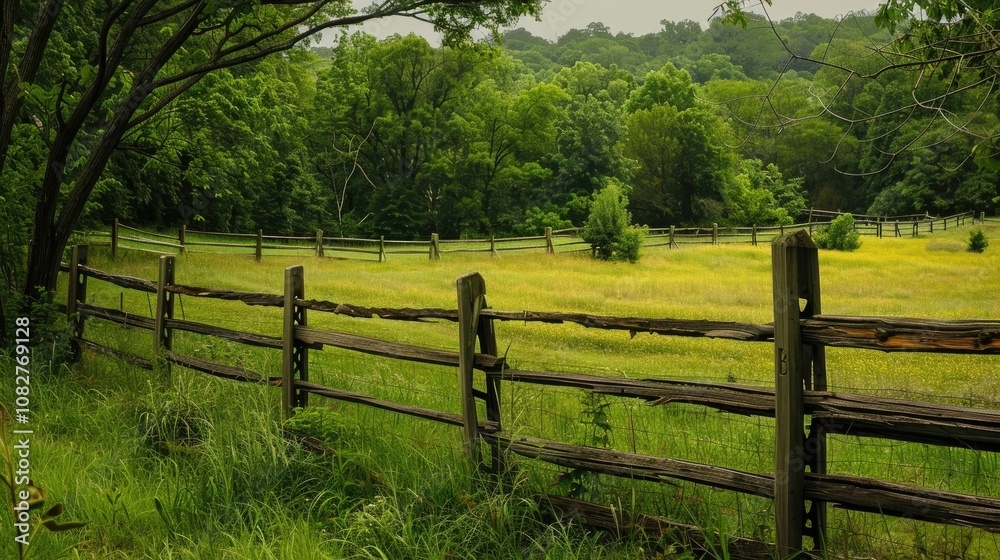 Rustic wooden fence bordering a lush, green field Rustic wooden fence bordering a lush, green field