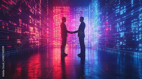 Two professionals shaking hands with a giant digital screen behind them, futuristic data streams flowing across the display, intense neon lighting, reflections of holographic light on the floor,