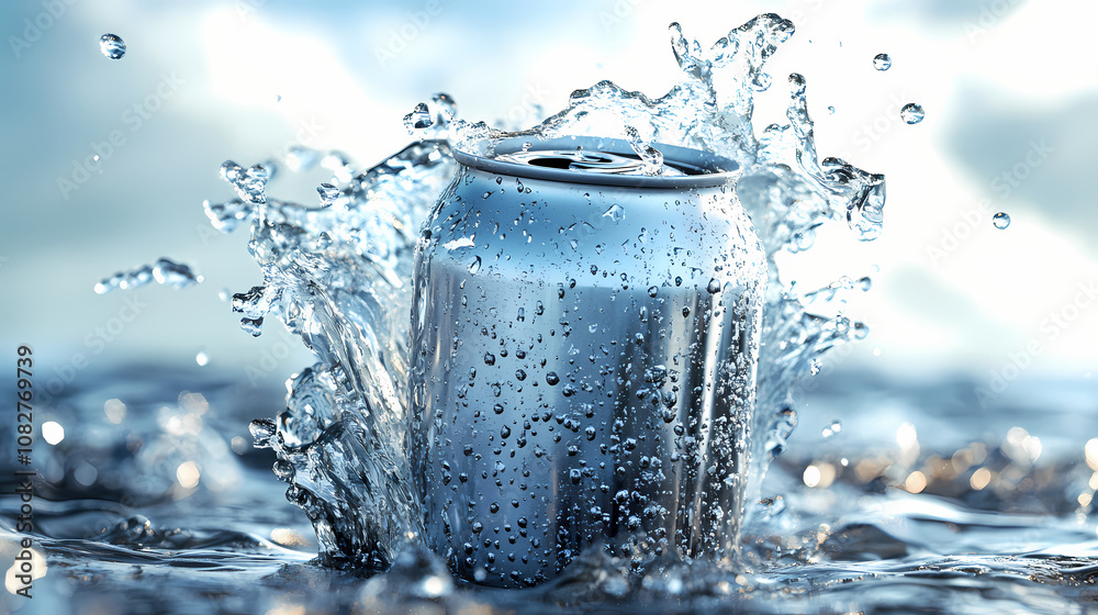 Aluminum soda can in mid-splash, with liquid droplets frozen in the air and a vibrant splash. Ephemeral. Illustration Aluminum soda can in mid-splash, with liquid droplets frozen in the air and a vibrant splash. Ephemeral. Illustration
