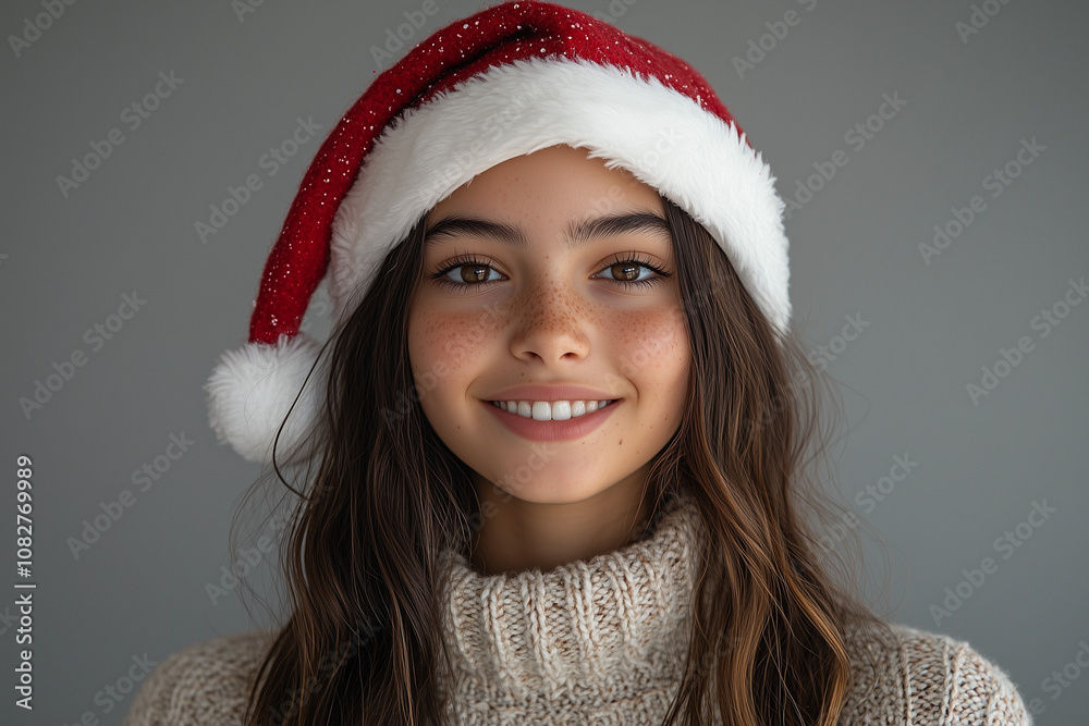 A cheerful little girl wearing a Santa hat and white T-shirt enjoys the holiday spirit with a big smile A cheerful little girl wearing a Santa hat and white T-shirt enjoys the holiday spirit with a big smile