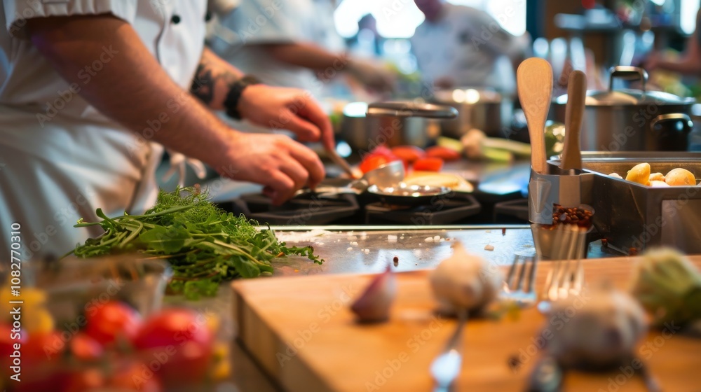 An immersive cooking class with culinary tools and gourmet ingredients, Culinary tools amidst interactive cooking class, Gourmet cuisine style An immersive cooking class with culinary tools and gourmet ingredients, Culinary tools amidst interactive cooking class, Gourmet cuisine style