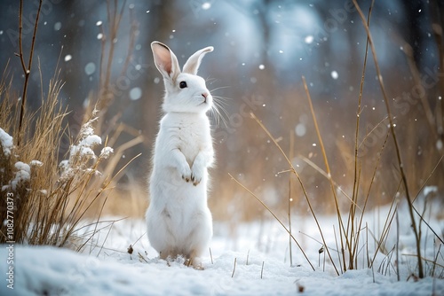 A white hare in a winter forest stands on its hind legs in the snow near thickets of dry grass photo