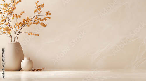 minimalist desktop background featuring light beige wall with decorative vases and dried flowers. serene atmosphere evokes calmness and simplicity