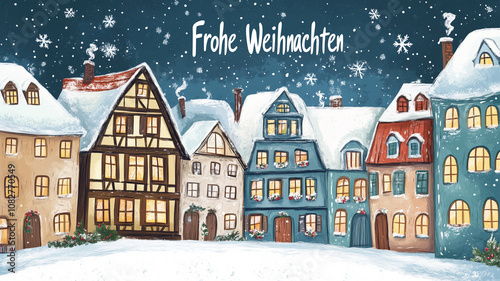 Wallpaper Mural Cute illustration, cozy winter village, handdrawn, half-timbered houses, Christmas greeting card, text " Frohe Weihnachten", merry Christmas in German. Xmas greeting card. Design for greeting card, T- Torontodigital.ca