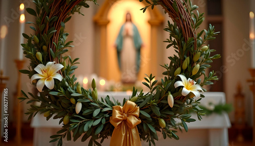 close-up ornate Easter wreath with lilies, and gold ribbon near Virgin Mary icon in Catholic church