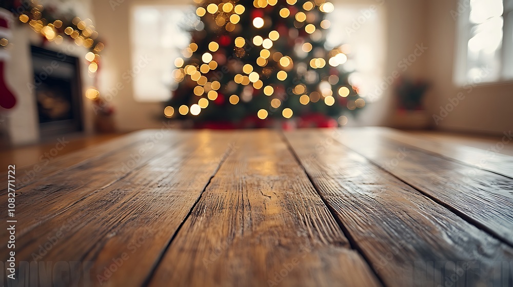 Close-up of a rustic wooden table, blurred view of a Christmas tree adorned with red, gold, and green ornaments, soft lights twinkling in the background, capturing holiday cheer. --ar 16:9
