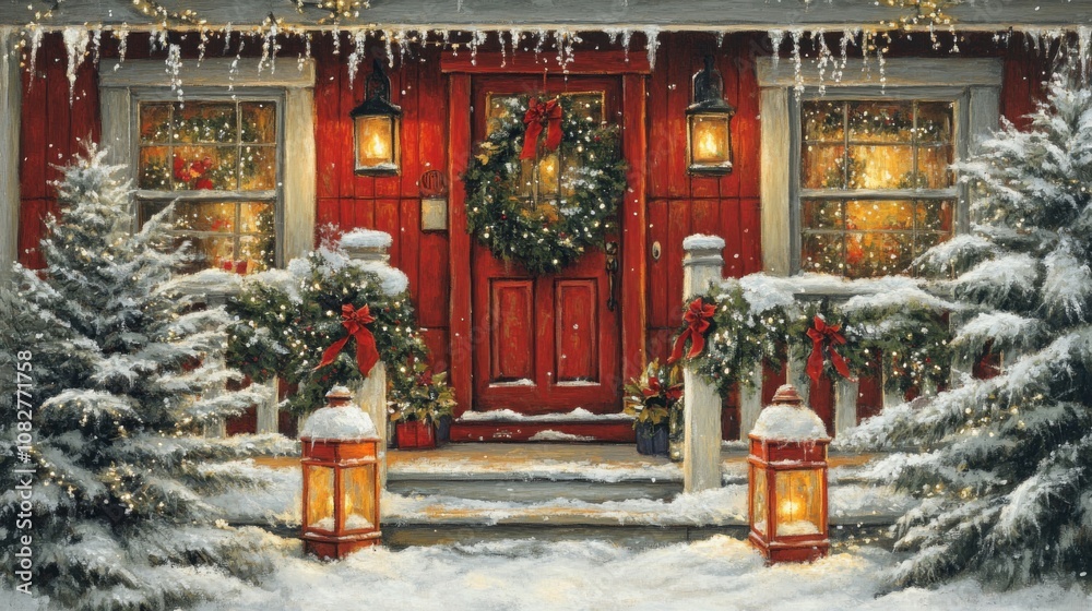 Fototapeta premium A Snowy Christmas Eve on a Red Door Porch