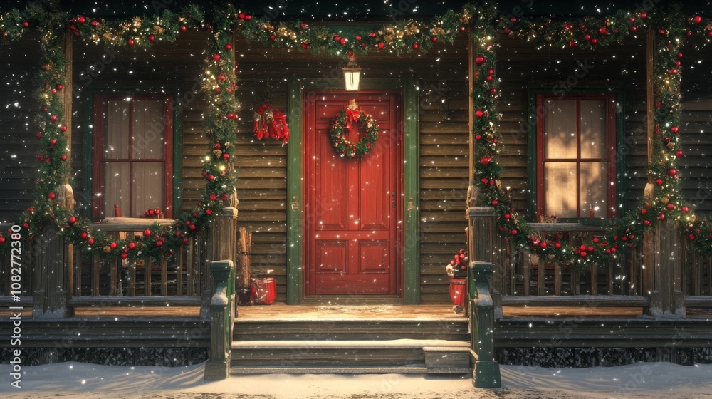 Fototapeta premium A Cozy Cabin Decorated for Christmas with Snow Falling
