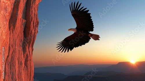An eagle mid-flight over a rugged canyon with its wings spread wide against a vivid blue sky