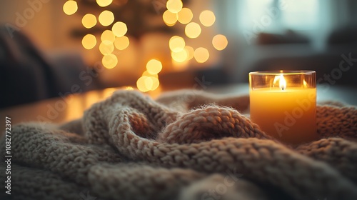 Close-up of an empty table, softly blurred background featuring cozy holiday items like knitted blankets, gentle candlelight, and Christmas lights, evoking hygge comfort. --ar 16:9