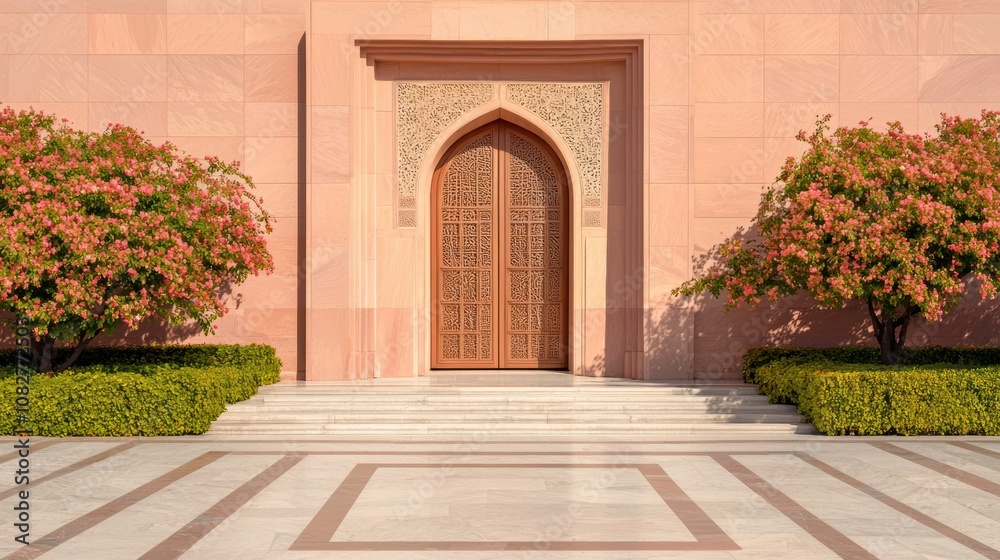 Fototapeta premium An intricately carved temple door framed by blooming trees, showcasing timeless craftsmanship