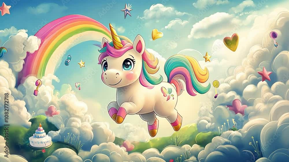 Colorful unicorn frolics among clouds and rainbows in a magical animated adventure in a vibrant fantasy landscape