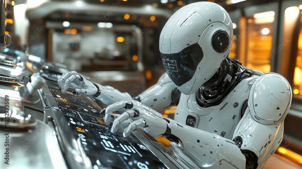 An android efficiently organizes a dish rack in a futuristic kitchen space in the evening An android efficiently organizes a dish rack in a futuristic kitchen space in the evening