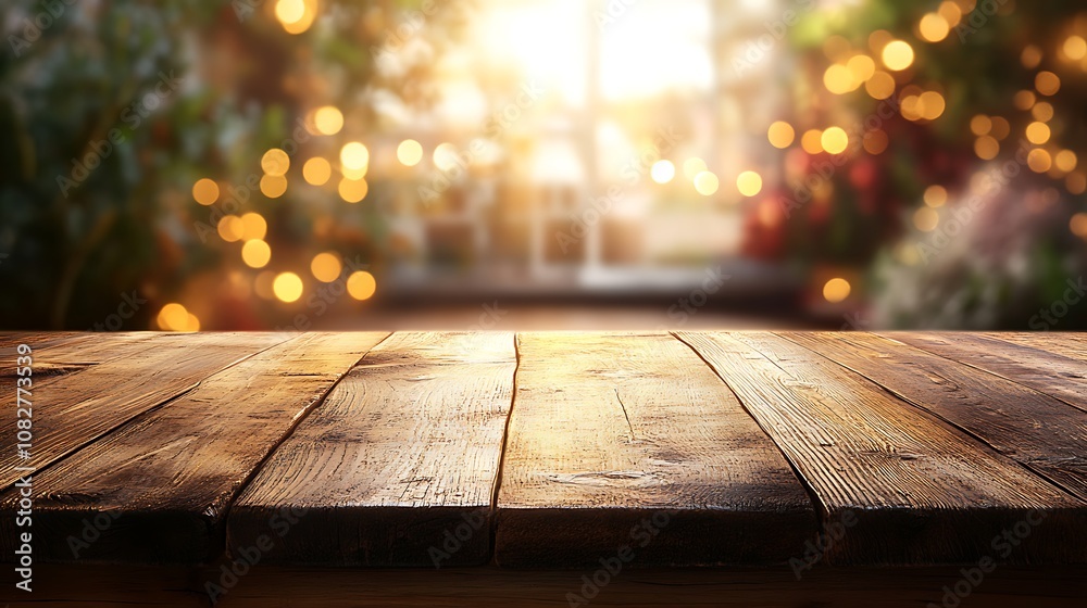 Empty rustic table with a blurred background of soft, golden fairy lights, evoking a warm and inviting holiday atmosphere, festive lights sparkling gently. --ar 16:9 Empty rustic table with a blurred background of soft, golden fairy lights, evoking a warm and inviting holiday atmosphere, festive lights sparkling gently. --ar 16:9