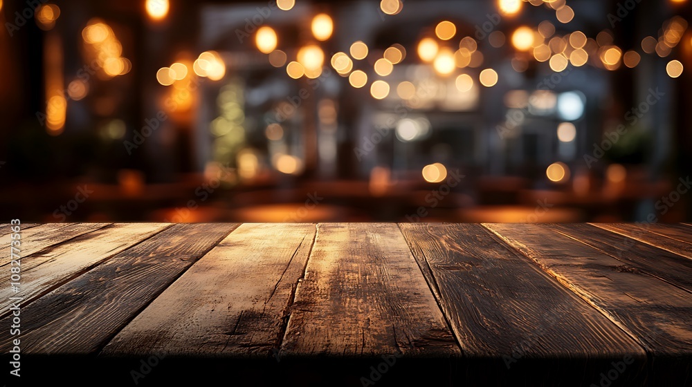 Empty rustic table with softly glowing blurred lights in the background, creating a serene holiday mood, soft shadows adding to the festive feel. --ar 16:9 Empty rustic table with softly glowing blurred lights in the background, creating a serene holiday mood, soft shadows adding to the festive feel. --ar 16:9
