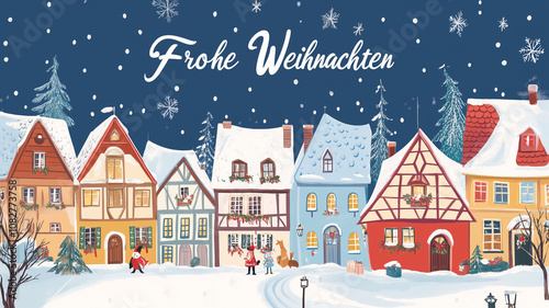 Wallpaper Mural Cute illustration, cozy winter village, handdrawn, half-timbered houses, Christmas greeting card, text " Frohe Weihnachten", merry Christmas in German. Xmas greeting card. Design for greeting card, T- Torontodigital.ca
