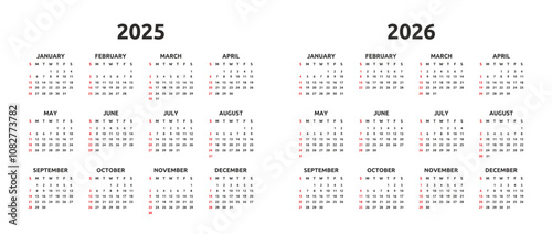 Calendar 2025 and 2026 year. Week starts Sunday. Simple calender layout. Desk planner template with 12 months. Yearly diary