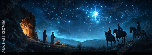 Escena sagrada de Navidad: la estrella brilla sobre la cueva, mientras los Reyes Magos encuentran al niño Jesús bajo el cielo nocturno