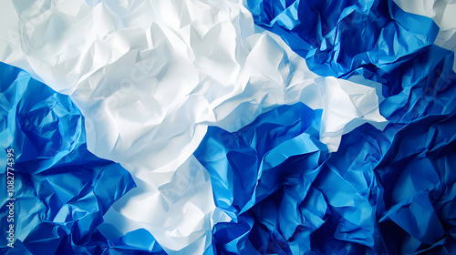 A close-up abstract texture of crumpled blue and white paper, evoking concepts of chaos, movement, change, and the ephemeral nature of things. Ephemeral. Illustration