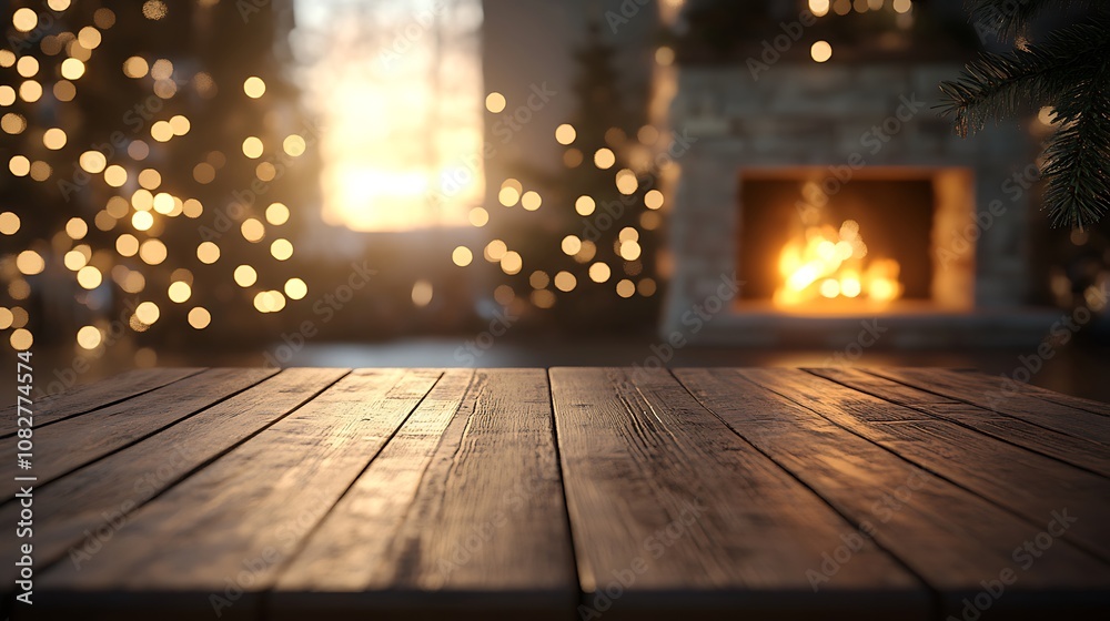 Empty wooden table set in front of a softly blurred holiday scene, glowing fireplace, and delicate Christmas lights, cozy shadows creating a festive atmosphere. --ar 16:9 Empty wooden table set in front of a softly blurred holiday scene, glowing fireplace, and delicate Christmas lights, cozy shadows creating a festive atmosphere. --ar 16:9