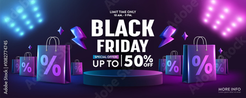 Black Friday Sale Banner with Shopping Bags and Discount Symbols,Neon Lights and Special Offer,Modern Black and Dark Background for Black Friday Marketing and Promotions