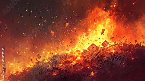 A fiery inferno consumes a pile of dollar bills, symbolizing the destructive power of greed and the ephemeral nature of wealth. Ephemeral. Illustration